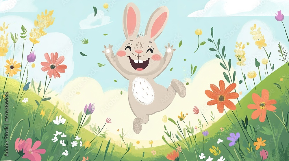 Cartoon animal illustration of a rabbit jumping with joy in a field of flowers Cartoon animal illustration of a rabbit jumping with joy in a field of flowers