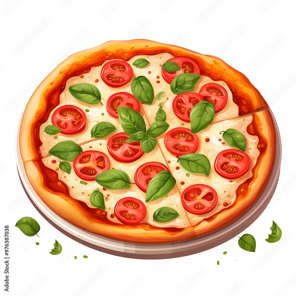 Freshly Baked Pizza Topped With Sliced Tomatoes And Basil Leaves On A Transparent Background Freshly Baked Pizza Topped With Sliced Tomatoes And Basil Leaves On A Transparent Background