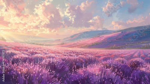 Breathtaking landscape of an expansive lavender field at a serene sunset with vibrant purple blooms stretching out across rolling hills under a moody pastel hued sky filled with wispy ethereal clouds photo