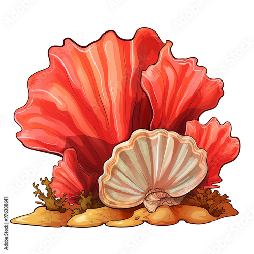 Detailed Illustration Of A Red Coral Reef With Shells And Seaweed At The Ocean Floor photo