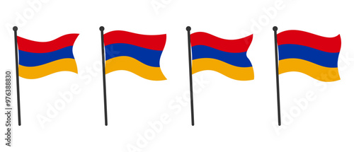 Collection of Waving Armenia Flags with Flagpoles, Isolated on White Background. Flat Style Editable Scalable Vector EPS Illustration for Graphic Design or Printing Use