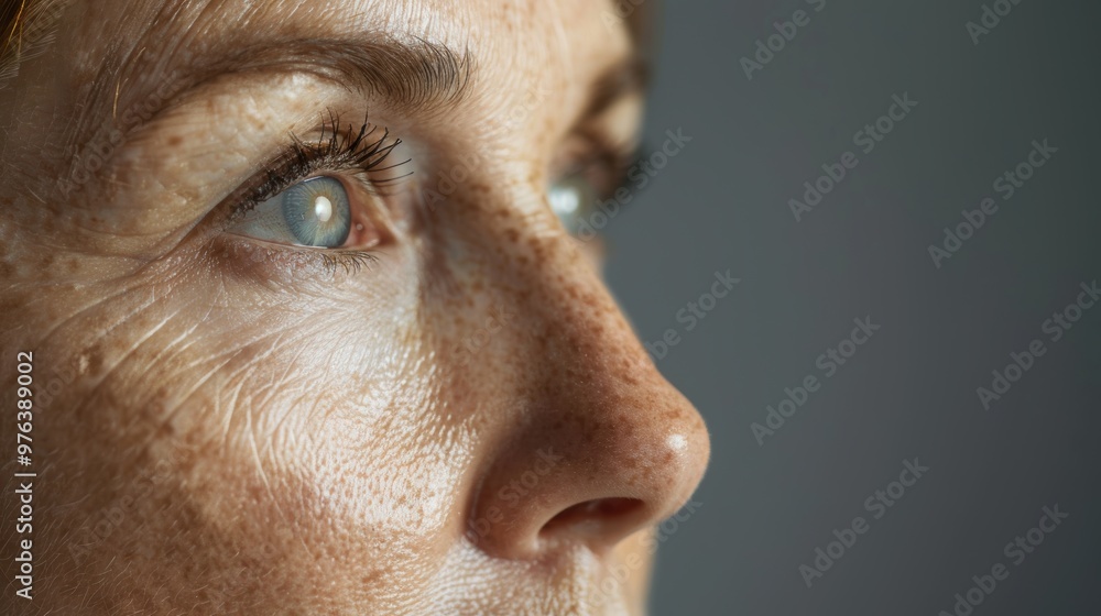 Obraz premium Elegant mature woman in studio showcasing skincare, cosmetics, and anti-aging treatments. Aesthetic model on neutral background for self-care and healthy makeup glow