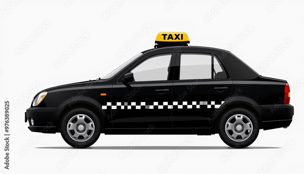 Fototapeta premium Black Taxi with Yellow Roof Sign and Checkered Side Design on White Background 