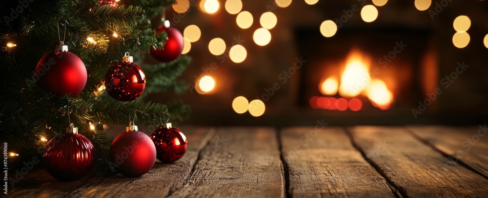 Christmas tree with red baubles and bokeh lights on a wooden table against a fireplace background. Free space for text
