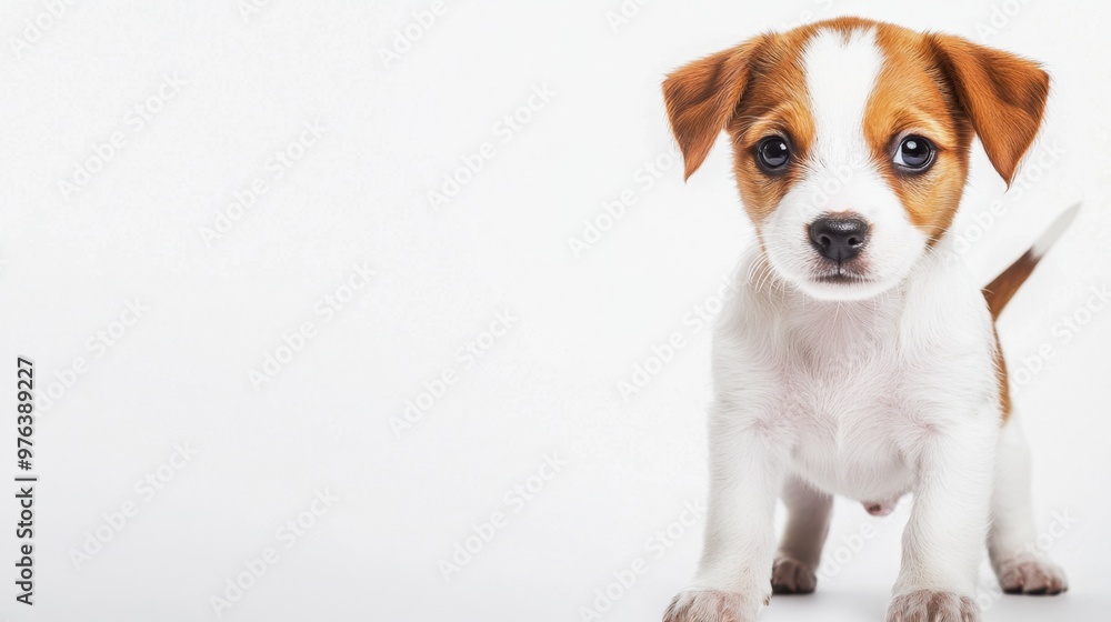 A high-quality AI-generated stock image of a cute puppy with a wagging tail on the right side, leaving space on the left for text. Perfect for pet, animal, and joyful content.