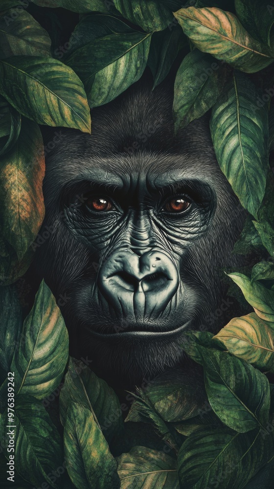 Close-up of gorilla face among lush green leaves Close-up of gorilla face among lush green leaves
