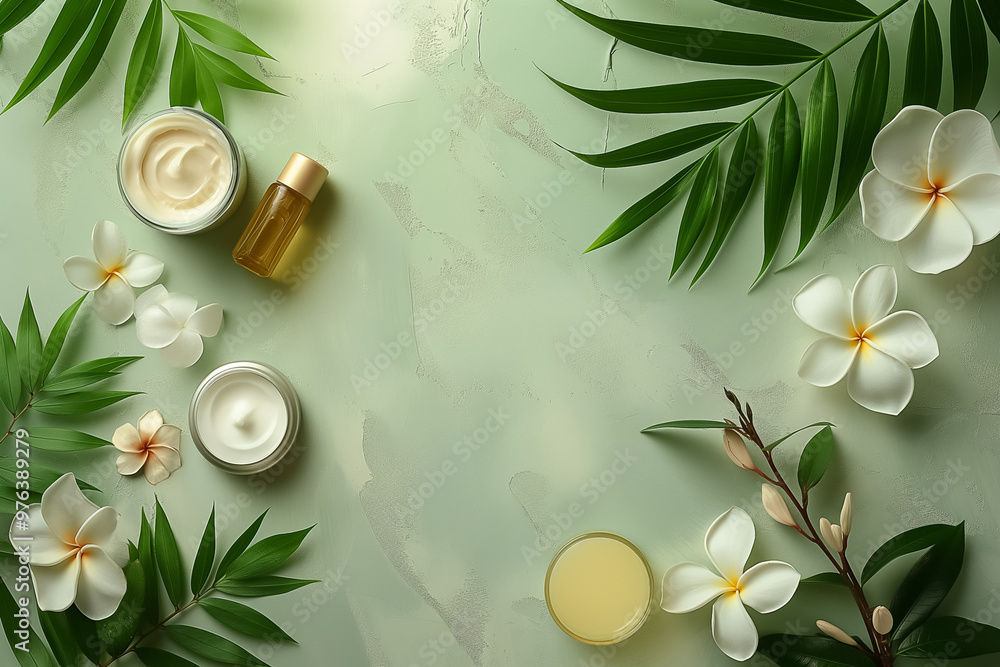 A serene display of skincare products, including cream jars and oils, surrounded by lush green leaves and blooming white flowers, creating a peaceful and refreshing ambiance A serene display of skincare products, including cream jars and oils, surrounded by lush green leaves and blooming white flowers, creating a peaceful and refreshing ambiance