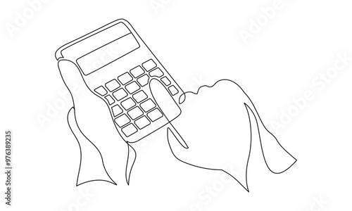 Calculator tool with hand in one continuous line drawing. Counting tax and budget concept in simple linear style. Accounting finance in editable stroke. Doodle contour vector illustration