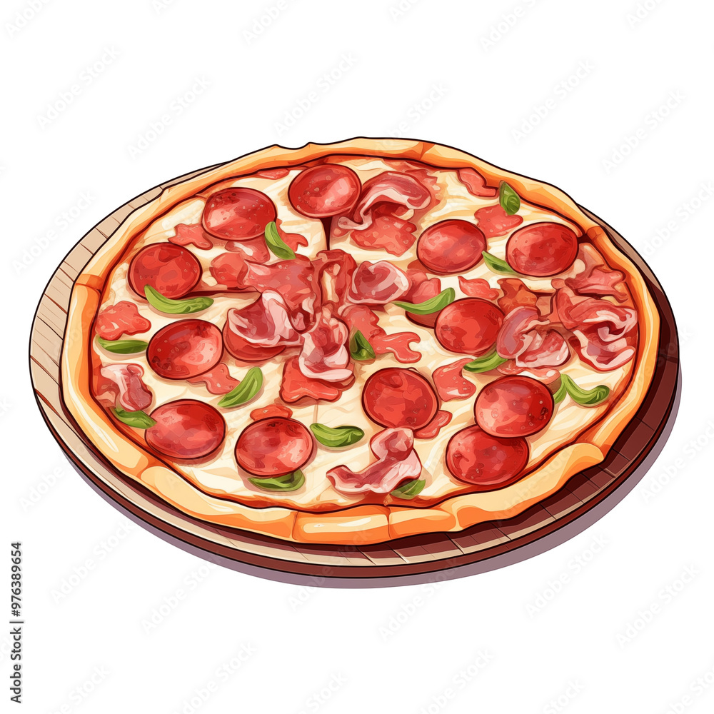 Delicious Pepperoni And Bacon Pizza With Basil Leaves On A Wooden Plate Delicious Pepperoni And Bacon Pizza With Basil Leaves On A Wooden Plate