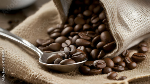 close up roasted coffee beans with a scoop in a canvas bag