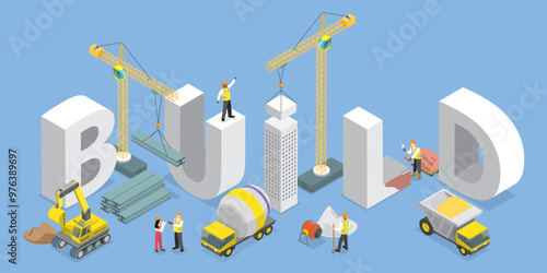 3D Isometric Flat Vector Illustration of Building, Costruction Site and Work Process