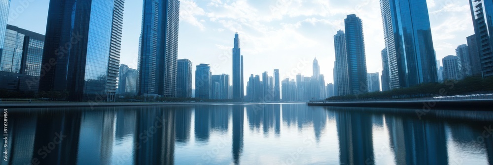 Obraz premium City skyline featuring tall skyscrapers, reflected perfectly on calm water under a clear sky, portraying urban development and serene beauty in an architectural landscape.