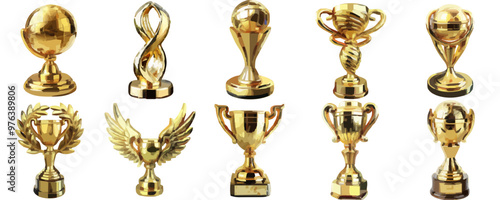 Set of golden trophies in various designs, representing achievement and success, isolated on white background