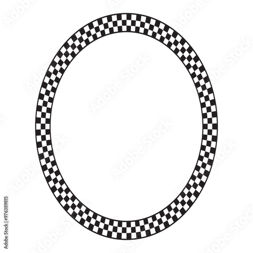 Oval frame with black and white squares checkered print. Elliptic vignette with checker board, rally flag or chess game plane pattern. Geometric framework. Vector graphic illistration