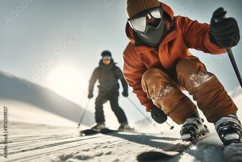 Wallpaper Mural Two skiers racing down slope, one in orange jacket, brown pants, helmet, goggles, crouched with poles, second skier in dark clothing blurred in background, bright sunny day with shadows Torontodigital.ca
