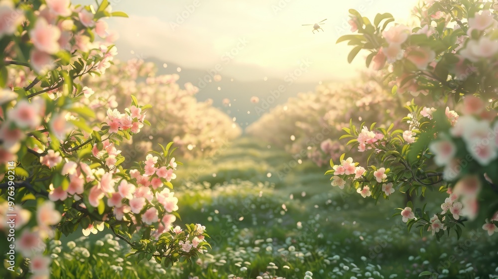 Fototapeta premium Enchanting pink spring blossoms in a lush verdant garden landscape with winding paths surrounded by leafy trees and bathed in soft dreamy sunlight A serene picturesque and fairy tale like scene