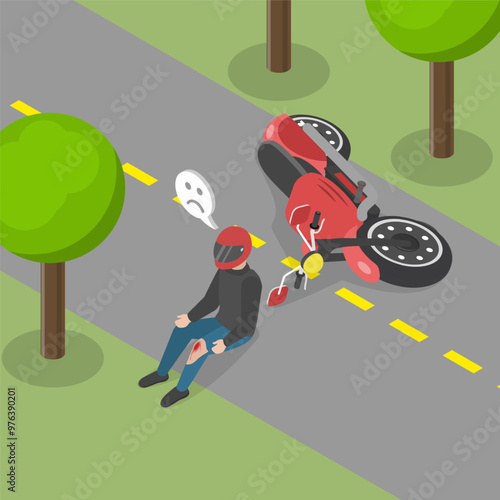 3D Isometric Flat Vector Illustration of Motorcycle Accident, Motorbike Collision