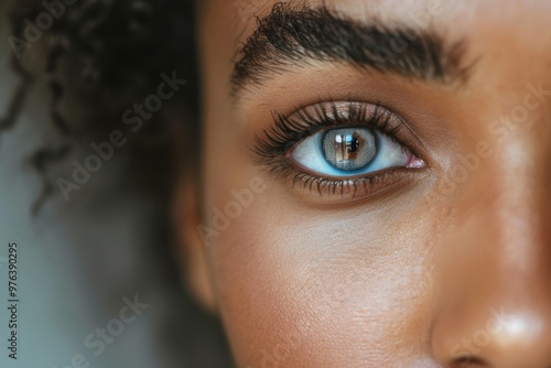 Close-up of a womans eye showcasing beauty with contact lenses, highlighting eye care, cosmetics, microblading, and facial features against a studio backdrop