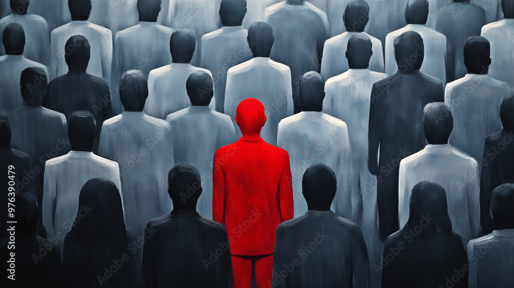 Obraz premium Red figure standing out in a grayscale crowd
