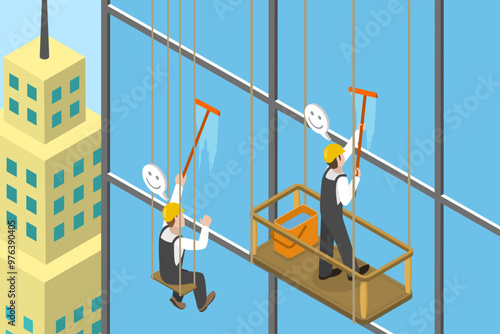3D Isometric Flat Vector Illustration of Cleaning Office Windows, Industrial Climbers Washing Windows at High Altitude