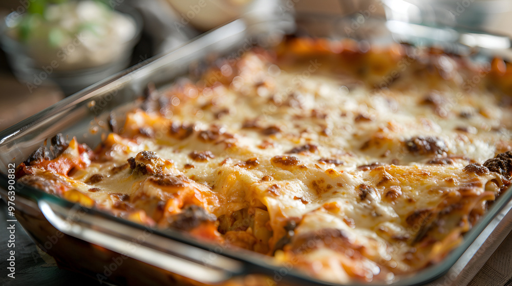 A glass casserole dish filled with a bubbling lasagna A glass casserole dish filled with a bubbling lasagna
