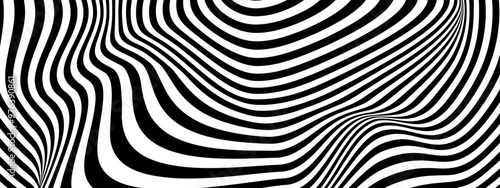 Groovy psychedelic pattern with undulated black and white stripes. Hypnotic optical illusion. Trippy abstract wallpaper. Modern wavy print. Hypnotherapy or trance concept. Vector graphic illustration
