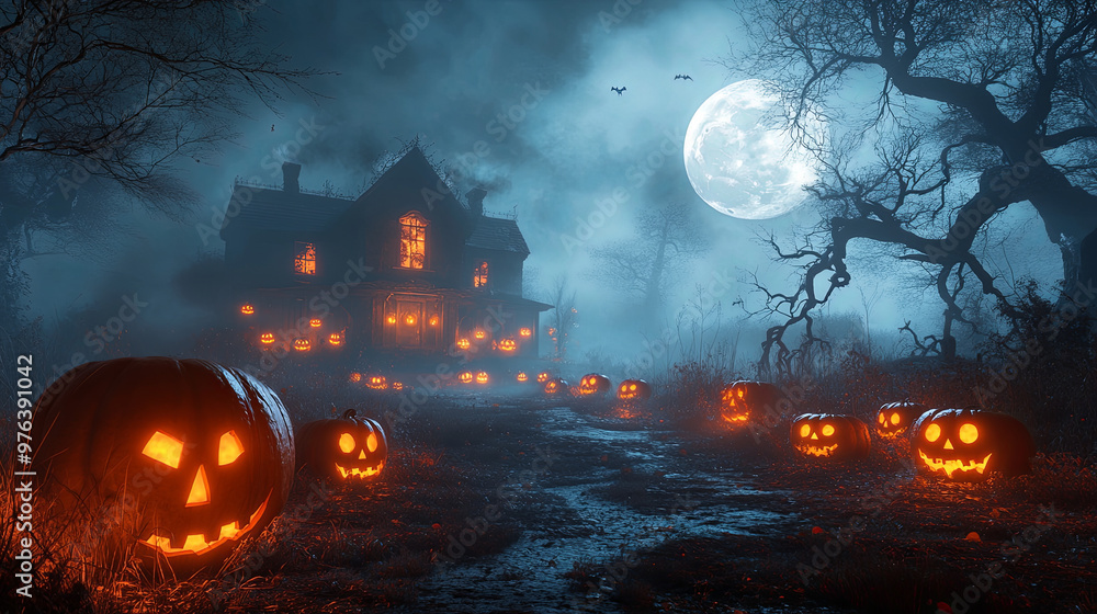 A spooky Halloween night scene with a haunted house in the background, glowing jack-o’-lanterns lining a foggy pathway, and a full moon casting eerie shadows over twisted trees.
A spooky Halloween night scene with a haunted house in the background, glowing jack-o’-lanterns lining a foggy pathway, and a full moon casting eerie shadows over twisted trees.