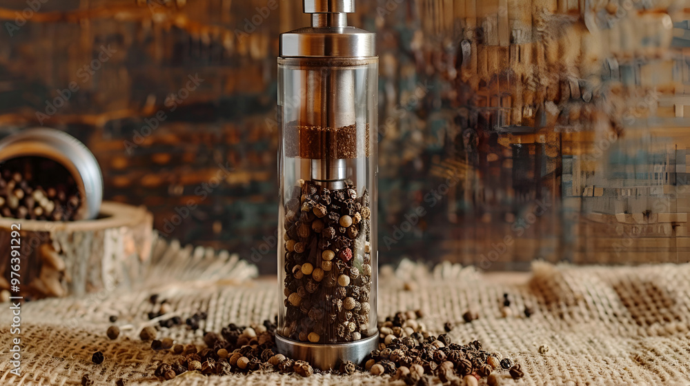 A glass pepper grinder with fresh peppercorns inside, placed on a table A glass pepper grinder with fresh peppercorns inside, placed on a table