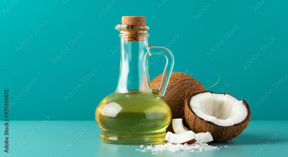 Coconut oil bottle with fresh coconuts and coconut flakes in food photography style Coconut oil bottle with fresh coconuts and coconut flakes in food photography style