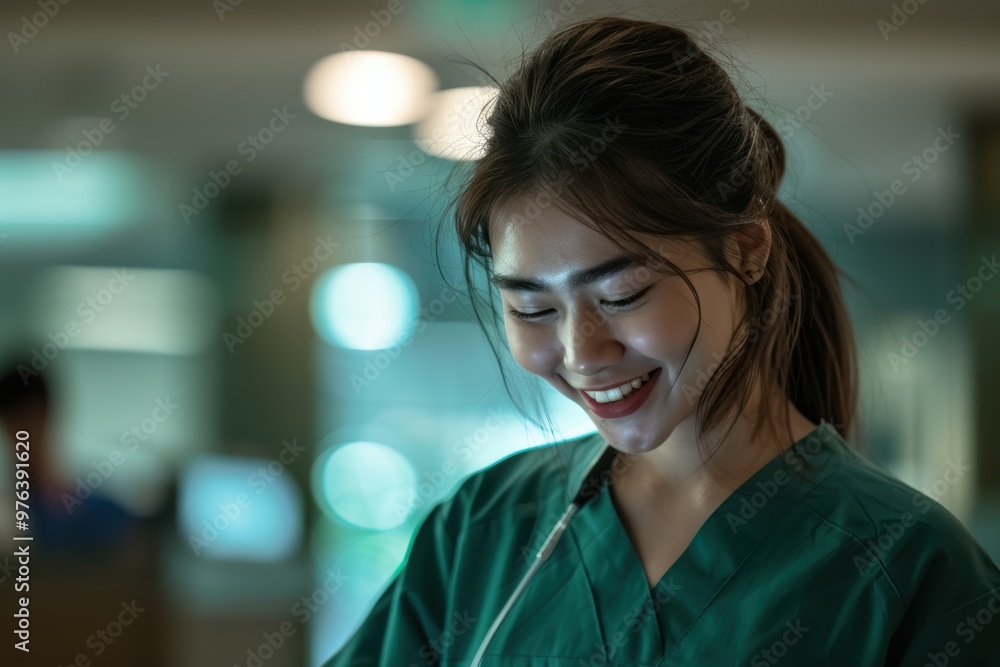 Fototapeta premium Joyful young nurse smiling at reception with phone in hand. Healthcare theme