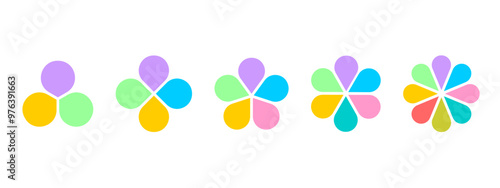 Colorful flower diagrams with petals. Floral pie charts divided on equal sectors from 3 to 8 in leaf shapes isolated on white background. Data presentation templates. Vector flat illustration.