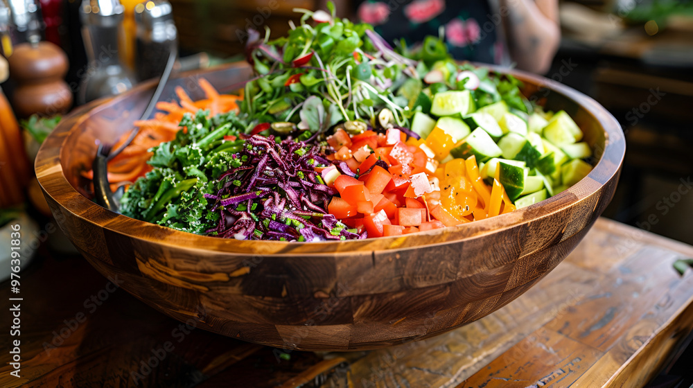 A large, wooden salad bowl filled with fresh greens and colorful vegetables A large, wooden salad bowl filled with fresh greens and colorful vegetables