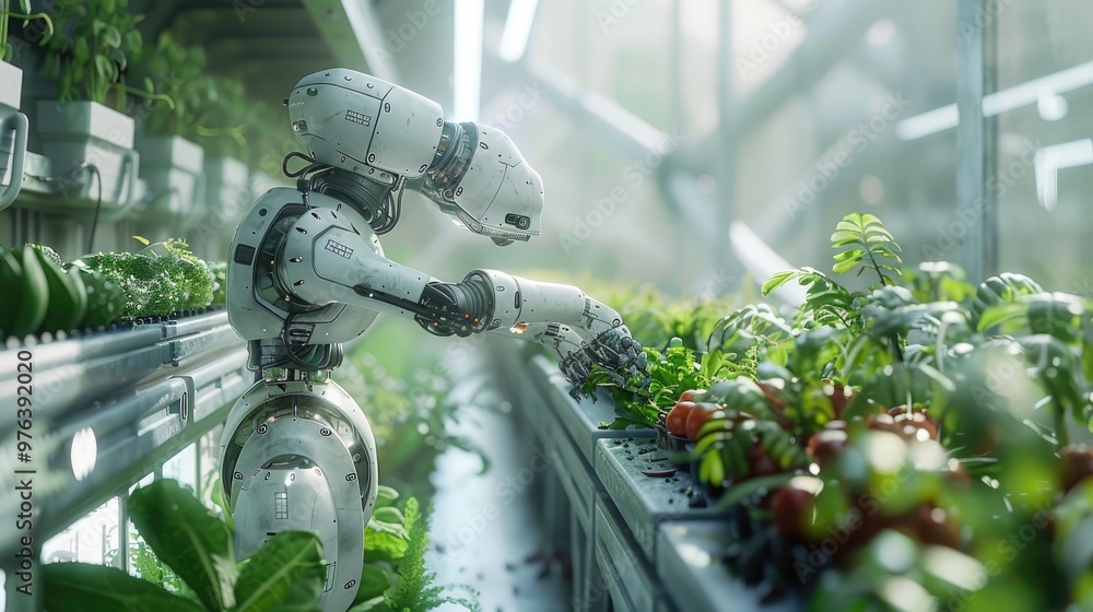 Robotic mechanical arm tenderly caring for and nurturing a thriving indoor greenhouse garden with various lush plants showcasing the intersection of technology and nature