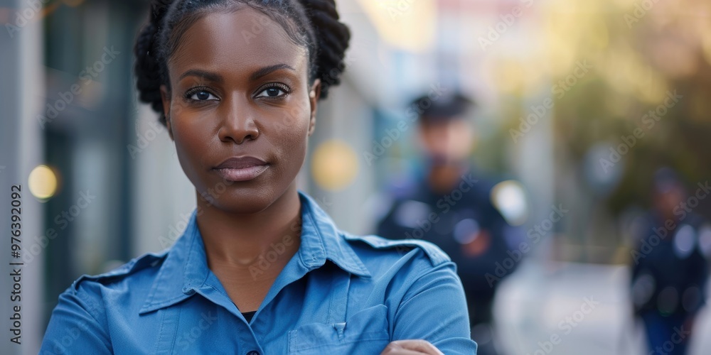 Portrait of a serious female security officer in a blue shirt standing confidently with arms crossed, representing safety and surveillance in an urban environment Portrait of a serious female security officer in a blue shirt standing confidently with arms crossed, representing safety and surveillance in an urban environment