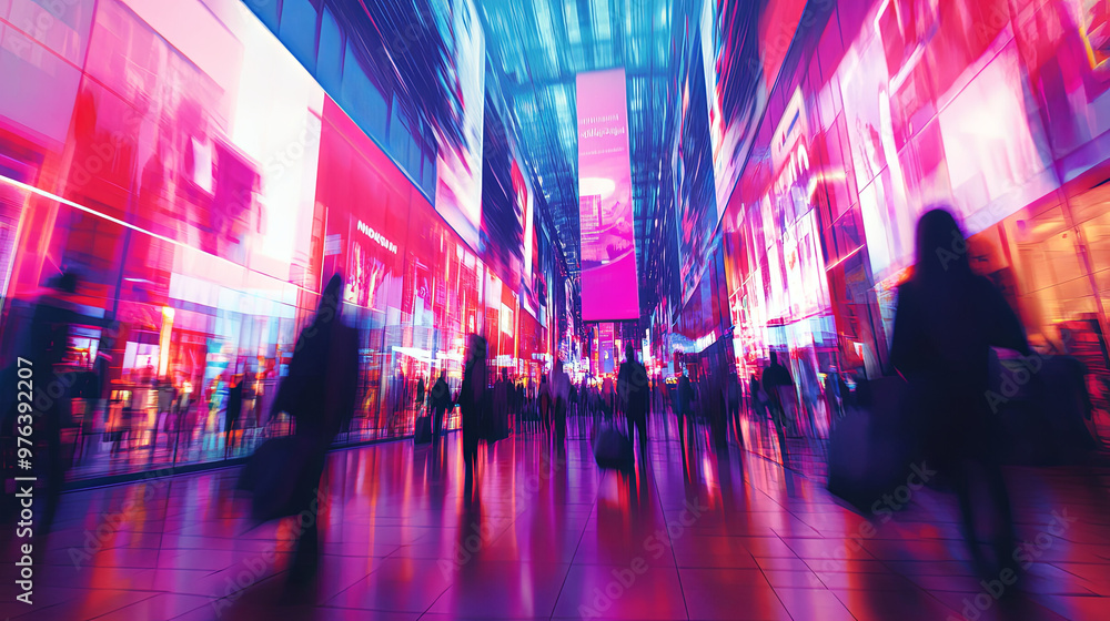 Fototapeta premium Stylized photo of a crowded mall with banners showing massive discounts, eager shoppers carrying overflowing bags, and bright lights reflecting the frenzy. 