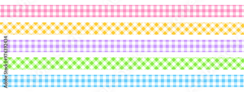 Set of textile tapes with checkered pattern. Cute colorful ribbons with gingham or vichy print isolated on white background. Pieces of fabric with a plaid print. Vector flat illustration.