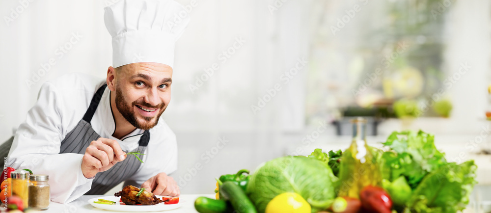 Chef Man Cooking Chicken Decorating Dish With Herbs Plating Dinner Standing In Kitchen Indoor. Selective Focus Chef Man Cooking Chicken Decorating Dish With Herbs Plating Dinner Standing In Kitchen Indoor. Selective Focus