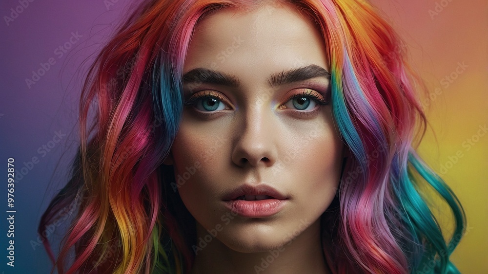 Young woman with vibrant rainbow hair smiles brightly against a colorful background in a cheerful indoor setting Young woman with vibrant rainbow hair smiles brightly against a colorful background in a cheerful indoor setting