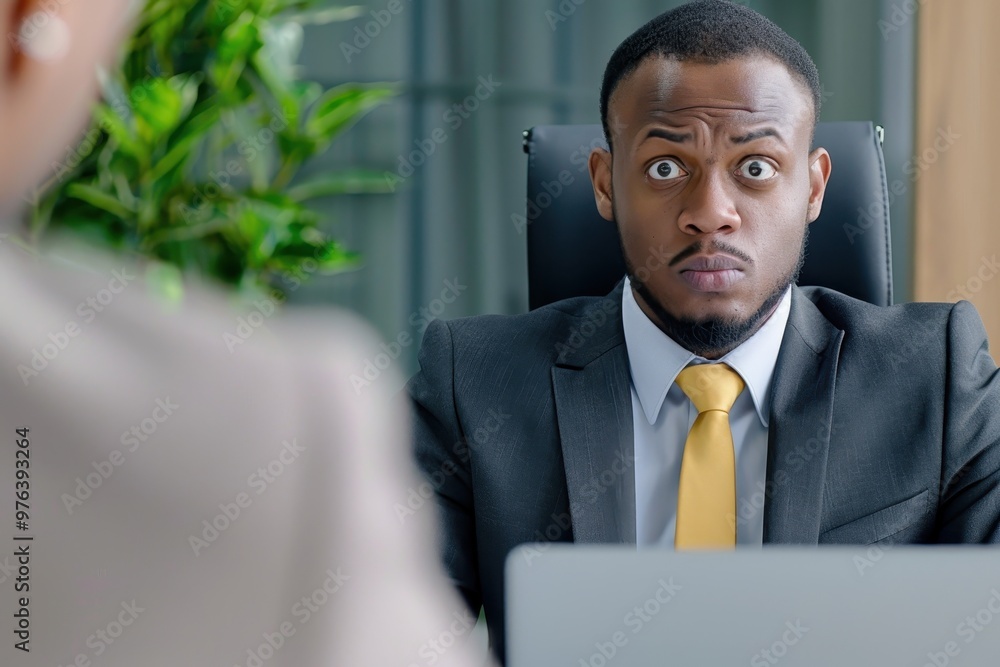 A surprised businessman in a suit reacts with wide eyes, sitting across from someone in a corporate office setting. A surprised businessman in a suit reacts with wide eyes, sitting across from someone in a corporate office setting.