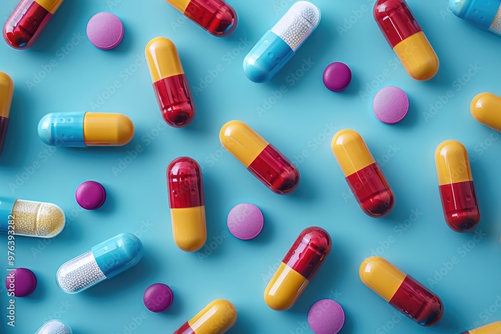 Pharmaceuticals antibiotics pills medicine colorful antibacterials pills on blue background. Generative AI. Pharmaceuticals antibiotics pills medicine colorful antibacterials pills on blue background. Generative AI.