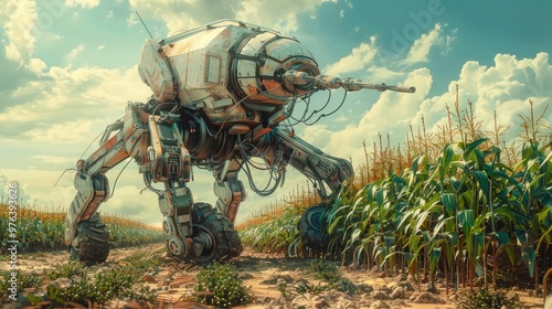 Massive futuristic mecha insect machine roaming through a dystopian post apocalyptic cornfield environment with a surreal and science fiction inspired landscape background photo