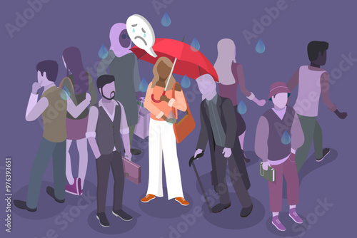 3D Isometric Flat Vector Illustration of Anxiety, Alone in a Sea of Faces, Woman Feeling Isolated in Crowd