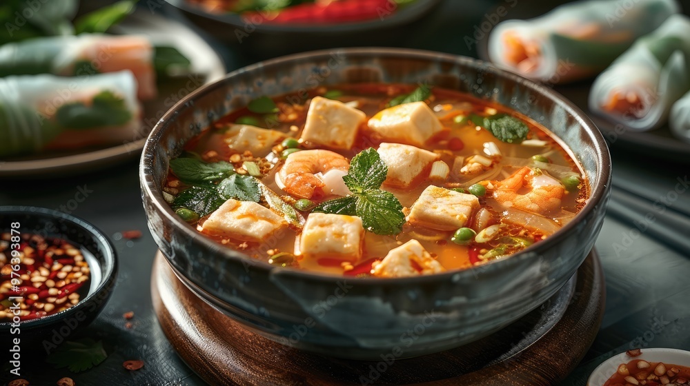 A tom yum soup, summer rolls. Generative AI.