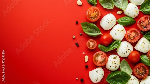 A high-quality AI-generated stock image of a colorful caprese salad with mozzarella and tomatoes on the right side, leaving space on the left for text. Perfect for food, salad, healthy eating content.