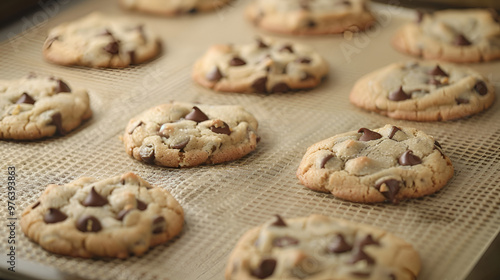 A silicone baking mat with fresh cookies arranged neatly