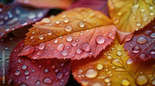 The vivid colors of autumn leaves are accentuated by raindrops. Generative AI.