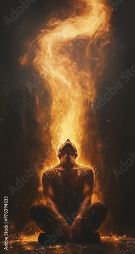 ﻿﻿painting of a man praying while fire illuminates him