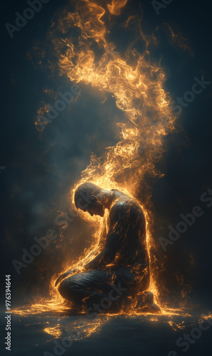 painting of a man praying while fire illuminates him