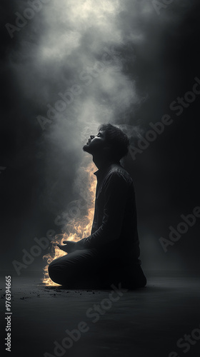 Man praying against a dark background while smoke and fire start to illuminate him