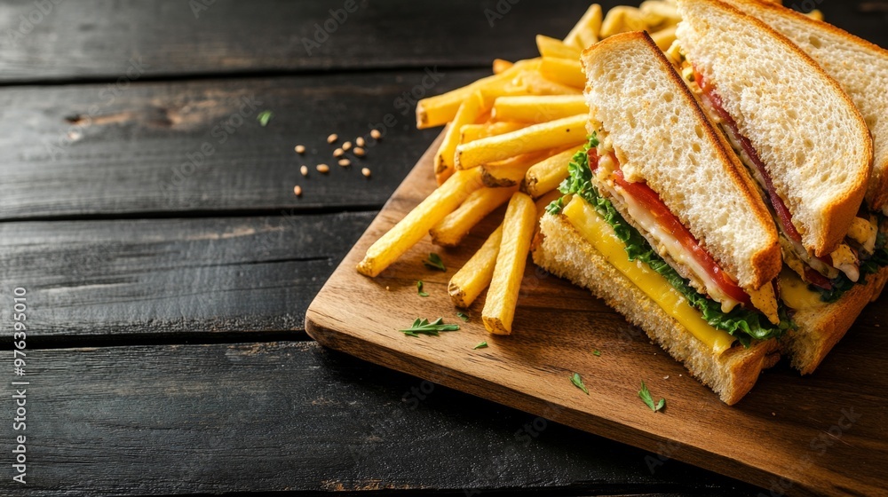 A high-quality AI-generated stock image of a classic club sandwich with fries on the right side, leaving space on the left for text. Perfect for food, dining, and restaurant content. A high-quality AI-generated stock image of a classic club sandwich with fries on the right side, leaving space on the left for text. Perfect for food, dining, and restaurant content.